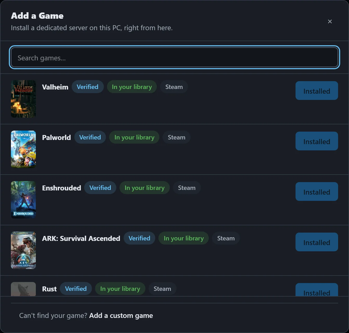 Add game dialog showing catalog search with game tiles and a Steam app ID input field