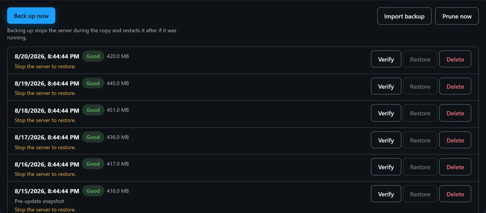 Backups tab showing a list of saved backups with timestamps, size, and restore buttons