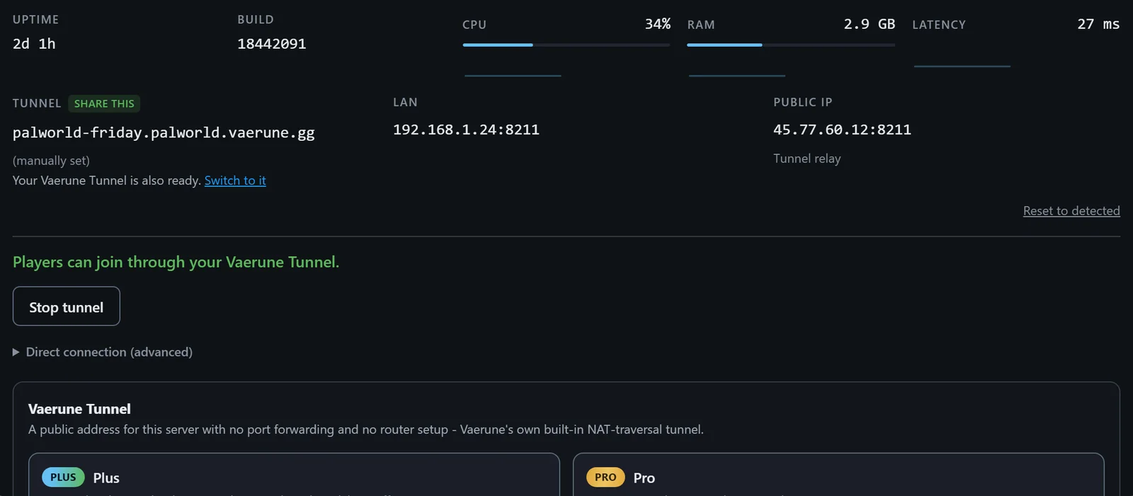Connectivity panel showing UPnP toggle, public IP address, port, and tunnel section
