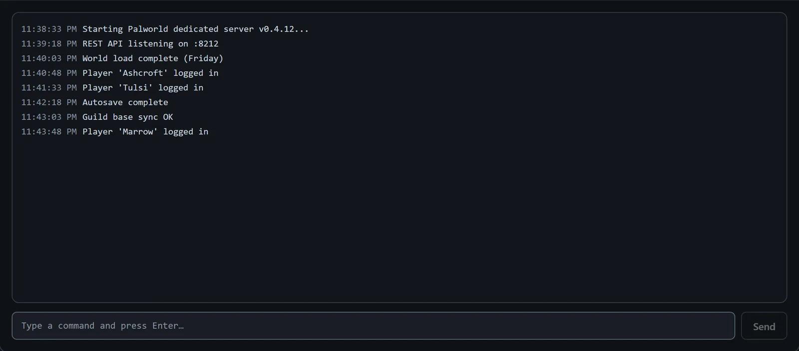 Console tab showing live server output lines and a command input field at the bottom