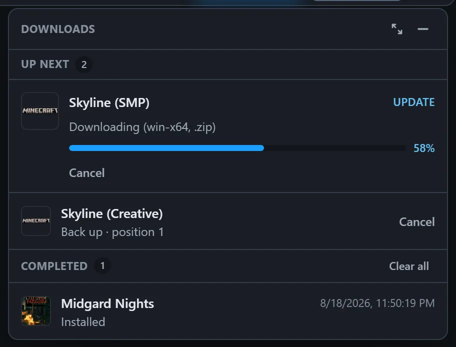 The Downloads panel with an update at 58 percent, a queued backup, and a completed install