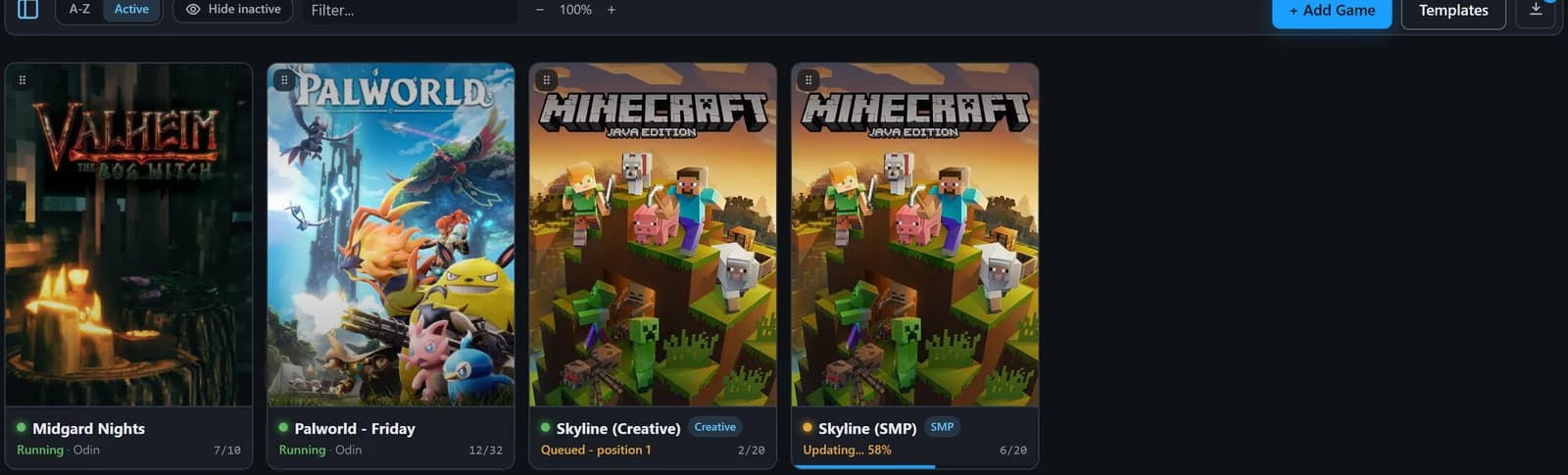 Vaerune library showing three game server entries with status dots and player counts