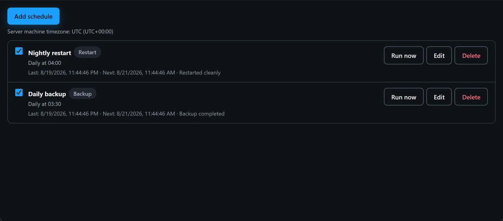 Schedules tab showing update window configuration with countdown timer and in-game warning settings