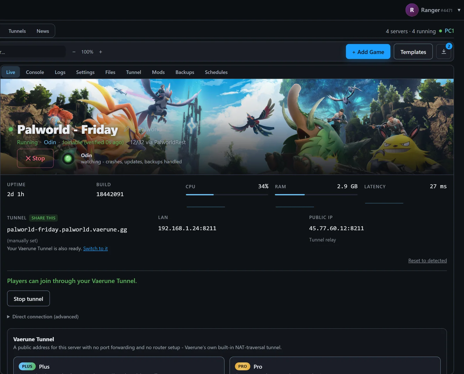 Server workspace showing Start/Stop button, status line, health dot, and live player count